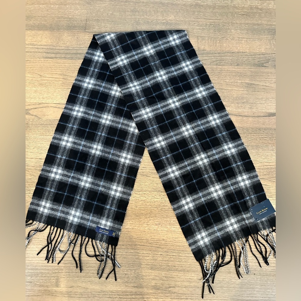NEW Club Room 100% Cashmere Plaid Scarf-Black/White/Light Blue